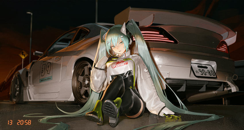 1girl 39 absurdres aqua_eyes aqua_hair black_bodysuit black_thighhighs bodysuit car commentary goodsmile_racing hatsune_miku highres long_hair looking_at_viewer motor_vehicle nissan nissan_silvia nissan_silvia_s15 outdoors parted_lips racing_miku racing_miku_(2022) recon_(54995499) shoe_soles sitting solo spoiler_(automobile) sports_car thighhighs twintails two-sided_gloves very_long_hair vocaloid