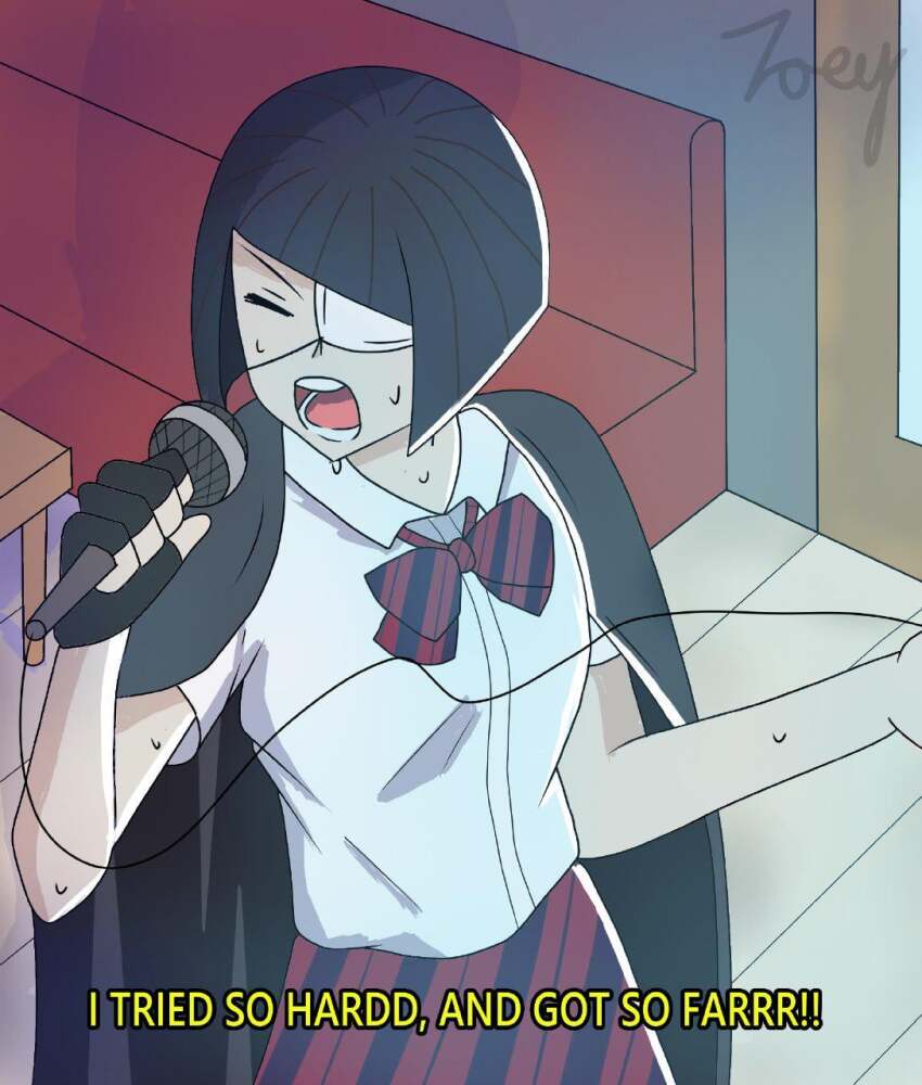 1girl black_hair fake_screenshot highres itan_private_high_school_uniform karaoke komi-san_wa_komyushou_desu linkin_park microphone music nakanaka_omoharu open_mouth school_uniform shirt short_hair singing skirt solo subtitled sweat zelonzane