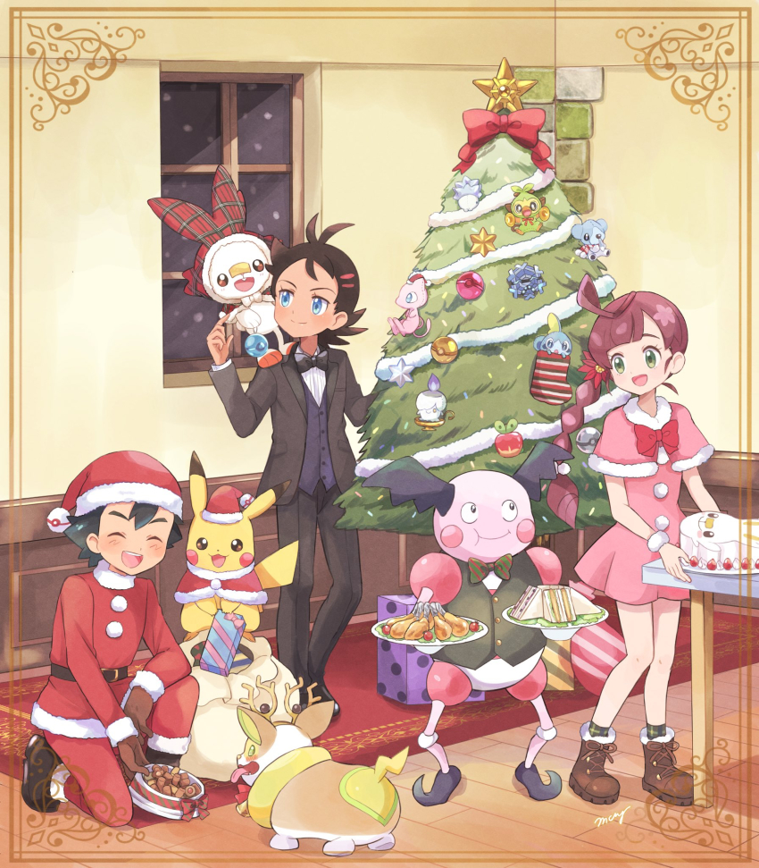 1girl 2boys :d ^_^ antenna_hair antlers applin ash_ketchum bad_id bad_pixiv_id black_bow black_footwear black_hair black_jacket black_pants black_suit blue_eyes blush bow bowl bowtie box braid braided_ponytail brown_footwear brown_gloves butler cake carpet chicken_(food) chloe_(pokemon) christmas christmas_cake christmas_lights christmas_ornaments christmas_tree closed_eyes clothed_pokemon commentary_request cosplay creature cryogonal cubchoo dark-skinned_male dark_skin dog dress fang flower food formal_clothes fur_trim gen_1_pokemon gen_2_pokemon gen_5_pokemon gen_8_pokemon gift gift_box gloves goh_(pokemon) green_eyes green_socks grookey hair_flower hair_ornament hat highres holding holding_gift holding_plate hood horns indoors jacket legendary_pokemon litwick long_hair looking_at_another mei_(maysroom) mew_(pokemon) mr._mime multiple_boys mythical_pokemon nintendo on_one_knee on_shoulder open_mouth pants pet_bowl pikachu pink_dress plate poke_ball poke_ball_theme pokemon pokemon_(anime) pokemon_(creature) pokemon_journeys pokemon_on_shoulder premier_ball rabbit red_bow red_hair reindeer_antlers sack sandwich santa_costume santa_hat scorbunny shoes short_dress signature smile snom snowing sobble socks standing standing_on_person stantler stantler_(cosplay) starter_pokemon_trio staryu striped_bow striped_neckwear suit table teeth themed_object tongue tongue_out upper_teeth_only window |d