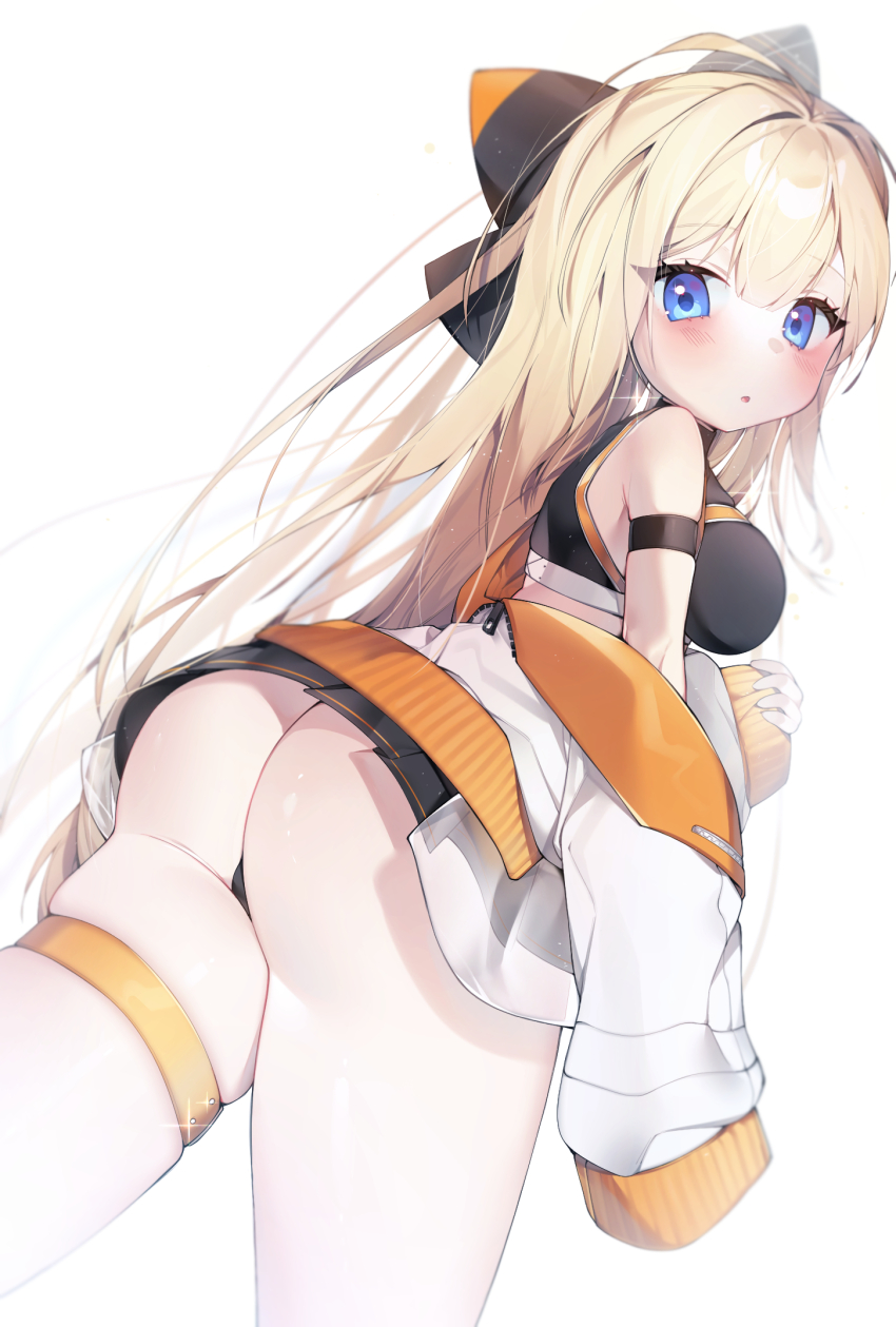 1girl :o ass black_panties black_shirt black_skirt blonde_hair blue_eyes blush bow breasts commission from_behind hair_between_eyes hair_bow highres jacket long_hair looking_at_viewer medium_breasts open_mouth original panties revision sen_light shirt skirt sleeveless sleeveless_shirt solo standing thigh_strap underwear white_jacket