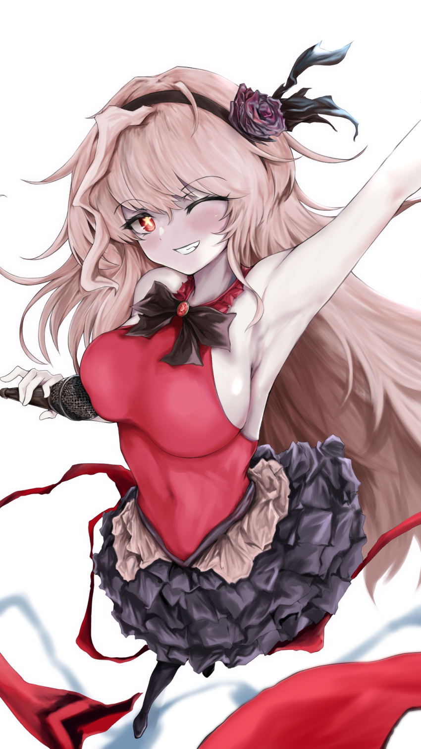 1girl arm_up armpits bare_shoulders black_bow black_bowtie black_flower black_hairband black_rose black_skirt black_souls black_souls_2 bow bowtie breasts clenched_teeth covered_navel flower from_above full_body hair_between_eyes hair_flower hair_ornament hairband highres holding holding_microphone large_breasts leotard long_hair looking_at_viewer medium_breasts microphone one_eye_closed pink_hair prickett_(black_souls) red_eyes red_leotard rose scrapiron2800 simple_background skirt smile solo star-shaped_pupils star_(symbol) symbol-shaped_pupils teeth white_background