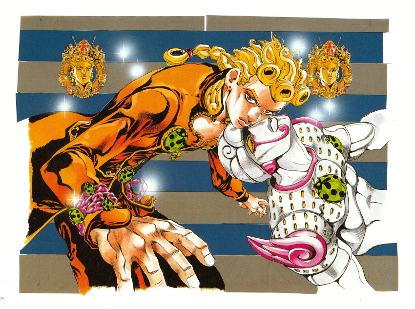 1boy 1other araki_hirohiko blonde_hair braid bug colored_skin compound_eyes earrings giorno_giovanna gold_experience hatching_(texture) helmet high_collar highres jacket jewelry jojo_no_kimyou_na_bouken ladybug_ornament linear_hatching lips looking_at_viewer male_focus non-web_source official_art orange_eyes orange_jacket orange_pants pants single_braid sparkle stand_(jojo) striped_background traditional_media vento_aureo white_skin wings_ornament