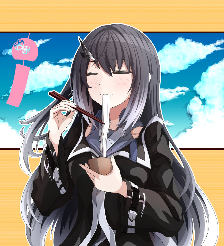 1girl :3 =_= black_coat black_hair blue_sky blush border bowl chopsticks cloud cloudy_sky coat coefont collared_shirt commentary_request eating food gradient_hair grey_shirt hair_ornament hands_up highres holding holding_bowl holding_chopsticks kakuhitsu_no_kosoado_vx long_hair long_sleeves millial_(coefont) multicolored_hair noodles one_side_up outline outside_border shirt sidelocks sky solo soumen upper_body white_hair white_outline wide_sleeves wind_chime yellow_border