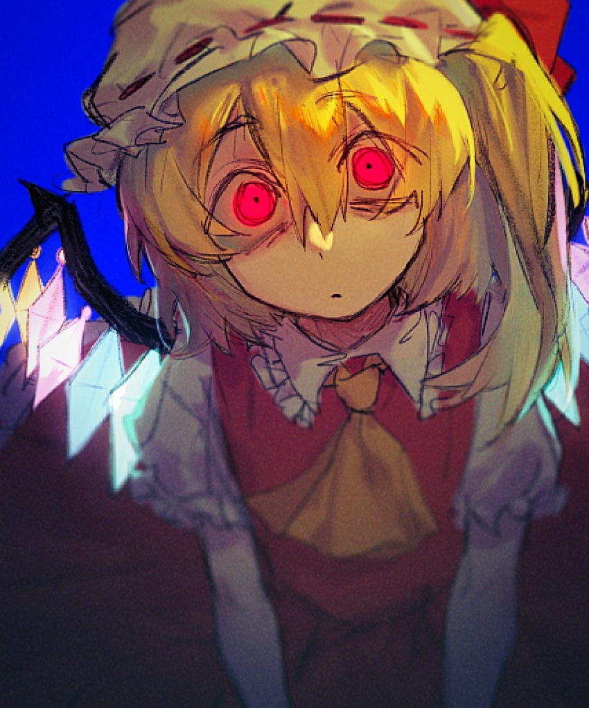 1girl ascot blonde_hair collared_shirt flandre_scarlet frilled_shirt_collar frilled_sleeves frills glowing hair_between_eyes hat highres looking_at_viewer medium_hair mob_cap red_eyes red_skirt red_vest shirt short_sleeves skirt solo sxly0102 touhou vest white_hat wide-eyed wings yellow_ascot