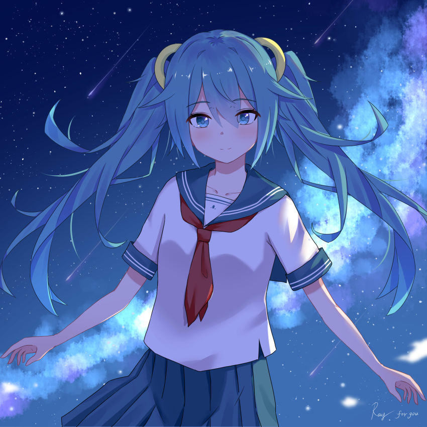 absurdres aqua_eyes aqua_hair bad_id bad_pixiv_id blouse cloud comet facing_viewer hatsune_miku hatsune_miku_(vocaloid4)_(chinese) highres looking_at_viewer neckerchief night night_sky outstretched_arms qgray red_neckerchief school_uniform serafuku shirt shooting_star sky smile solo standing star_(sky) starry_sky twintails vocaloid white_shirt