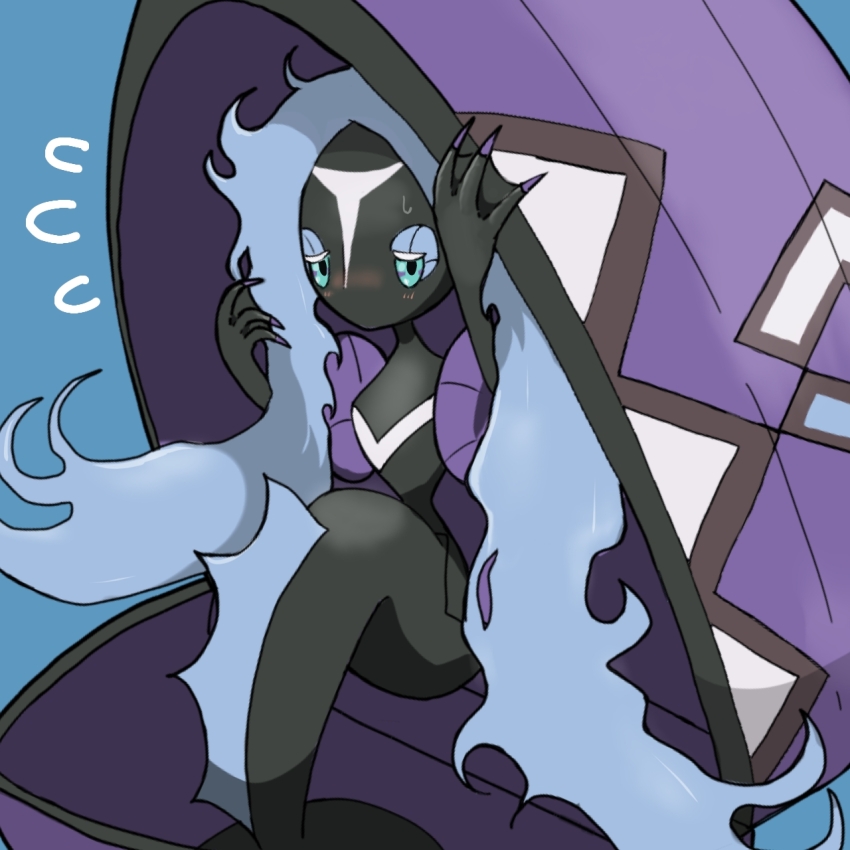 1girl aqua_eyes black_skin blue_background blue_hair blush colored_skin cropped female_focus fewer_digits flat_chest flying_sweatdrops gen_7_pokemon half-closed_eyes hands_up legendary_pokemon long_hair mermaid messy_hair monster_girl monya multicolored_skin nervous nintendo no_mouth nose_blush pokemon pokemon_(creature) shy sidelocks solo sweat tapu_fini two-tone_skin very_long_hair webbed_hands white_skin