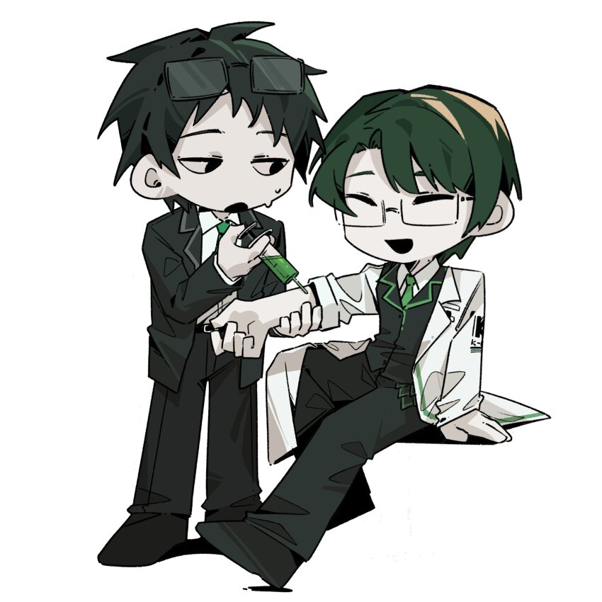 2boys :d ampule black_eyes black_hair black_suit chibi chibi_only closed_eyes coat collared_shirt dongrang_(project_moon) double-parted_bangs eyewear_on_head formal_clothes full_body green_necktie grey_hair hand_on_another&#039;s_arm highres holding holding_syringe injection invisible_chair kicking limbus_company looking_at_another messy_hair multiple_boys necktie open_mouth outstretched_arm outstretched_leg project_moon samjo_(project_moon) shirt short_hair sitting sleeves_rolled_up smile suit sweatdrop swept_bangs syringe unamused white_background white_coat white_shirt wuruko