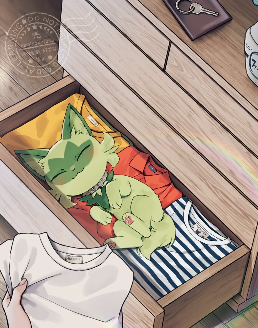 1other animal_collar artist_name black_shirt blush collar commentary creatures_(company) drawer folded_clothes full_body game_freak happy highres holding holding_shirt holding_unworn_clothes indoors kaminokefusa key keyring lace-trimmed_collar lace_trim lying nintendo on_side open_drawer orange_shirt pawpads pokemon pokemon_(creature) pokemon_focus pov pov_hands shirt sleeping smile sprigatito striped_clothes striped_shirt two-tone_shirt unworn_shirt watermark white_shirt yellow_shirt