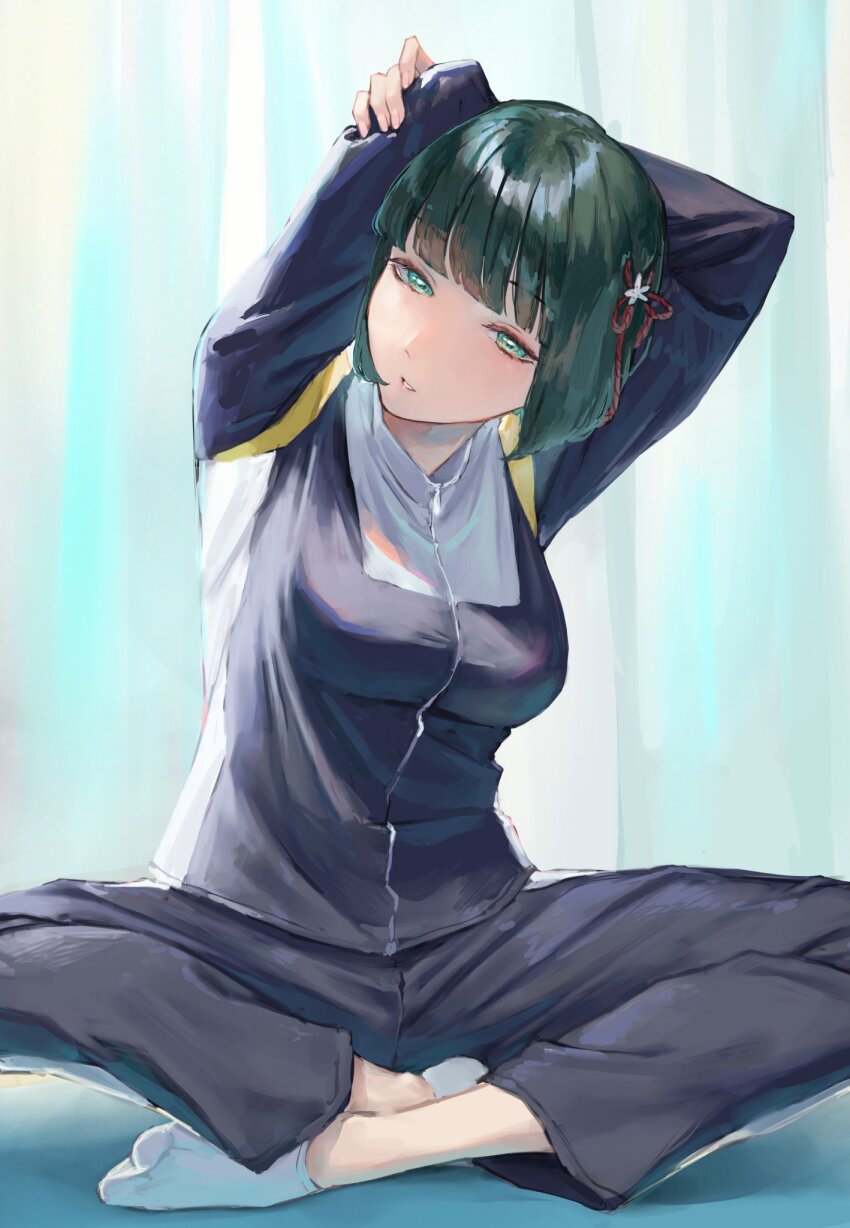 1girl arms_up black_jacket black_pants black_track_suit blunt_bangs blunt_ends bob_cut breasts commentary_request flower flower_knot green_eyes green_hair hair_flower hair_ornament hasu_no_sora_gym_uniform highres jacket knees_out_of_frame link!_like!_love_live! looking_at_viewer love_live! medium_breasts momose_ginko pants parted_lips saidamoosu short_hair socks solo stretching track_jacket track_suit virtual_youtuber white_socks