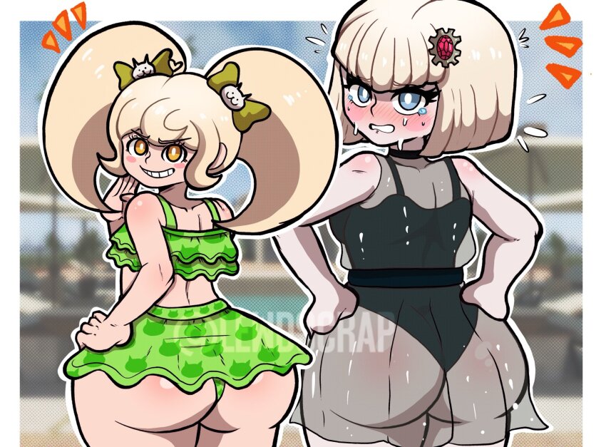 2girls ass ass_focus bikini blonde_hair blue_eyes blush bob_cut creator_connection crossover danganronpa_(series) danganronpa_2:_goodbye_despair female_focus hand_on_own_hip hand_up hands_on_own_hips highres lewdscrap long_hair looking_at_viewer multiple_girls one-piece_swimsuit oosuzuki_kurara open_mouth saionji_hiyoko smile swimsuit teeth the_hundred_line_-last_defense_academy- turning_head twintails white_background yellow_eyes