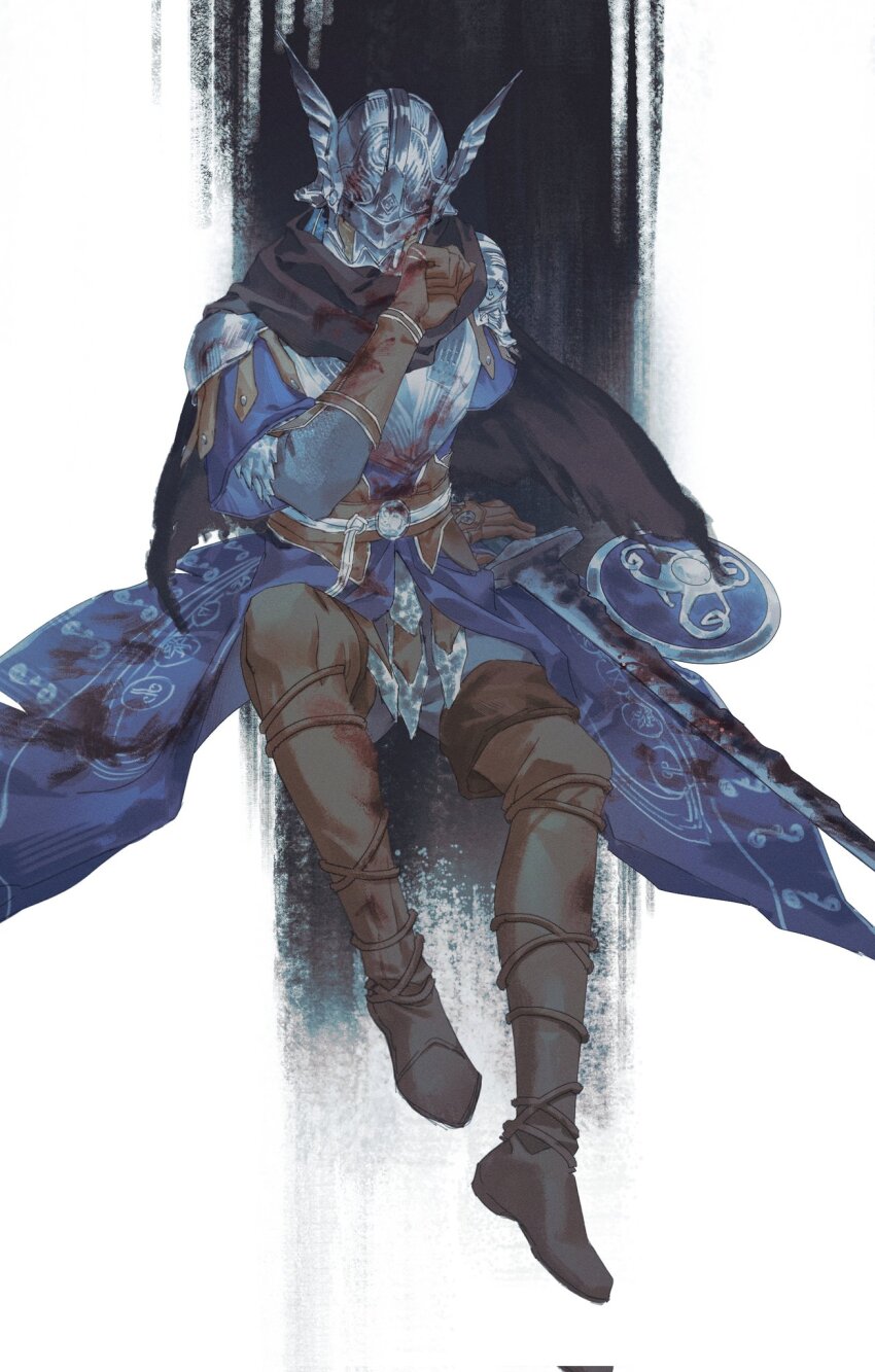 1boy armor black_cloak blue_surcoat boots cloak elden_ring elden_ring_nightreign geranbb gloves helmet highres shield sitting solo white_background winged_helmet wylder_(elden_ring)