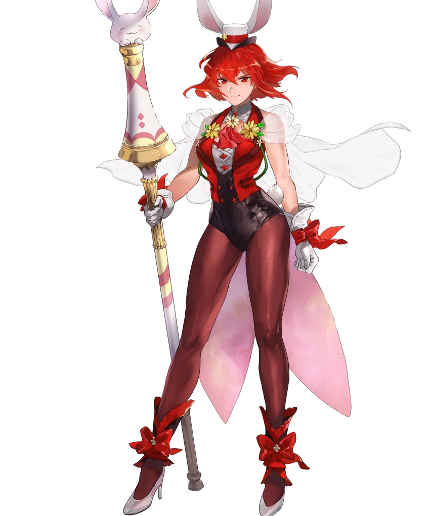 1girl breasts capelet female_focus fire_emblem fire_emblem:_mystery_of_the_emblem fire_emblem_heroes full_body gloves hat high_heels highres leotard matching_hair/eyes mayo_(becky2006) medium_breasts minerva_(fire_emblem) minerva_(spring)_(fire_emblem) mini_hat nintendo official_art pantyhose polearm rabbit_tail red_eyes red_hair see-through_clothes short_hair sleeveless smile solo standing tail transparent_background weapon white_footwear white_gloves