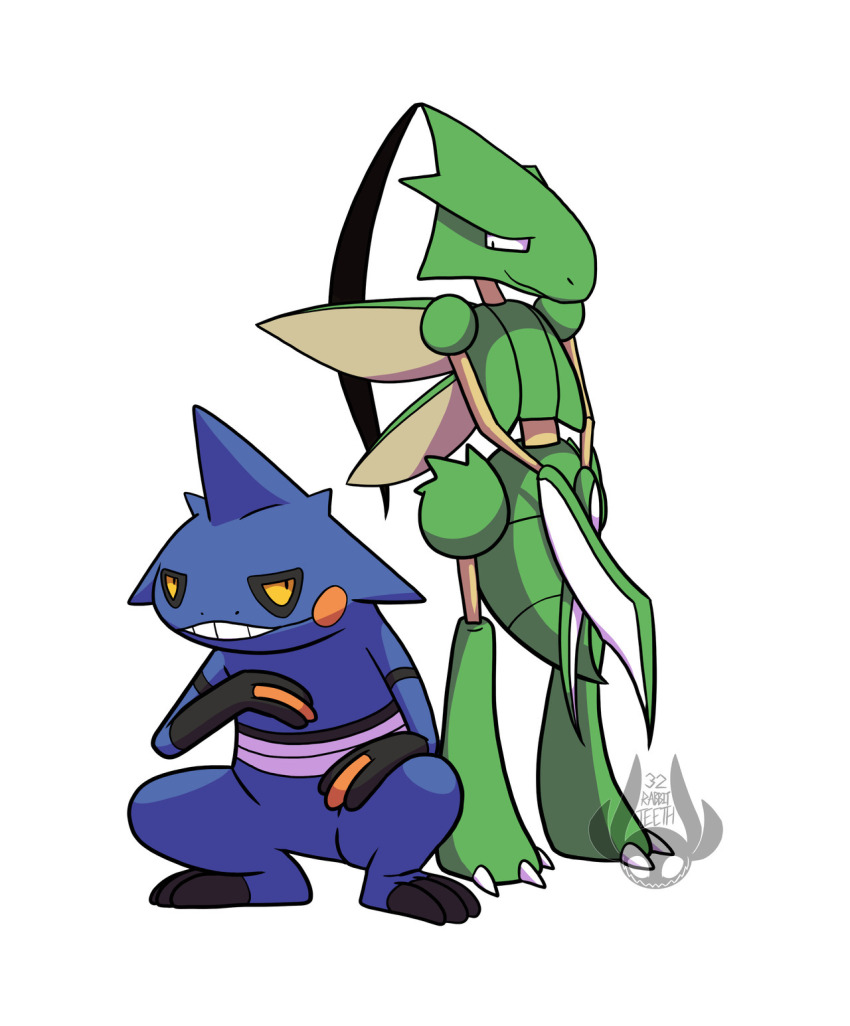 1boy 1girl 32rabbitteeth black_hair black_star blue_skin colored_sclera colored_skin croagunk crossover gen_1_pokemon gen_4_pokemon highres insect_wings nakatsukasa_tsubaki nintendo pokemon pokemon_(creature) ponytail scyther simple_background smile soul_eater teeth white_background wings yellow_sclera