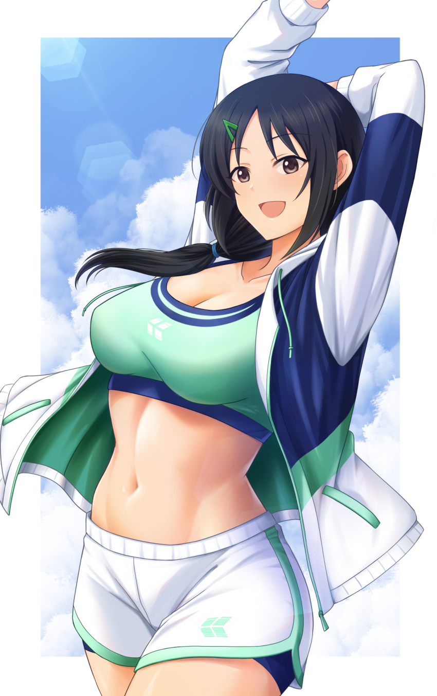 1girl aoki_kei arms_up bike_shorts bike_shorts_under_skirt black_hair blue_sky blush breasts cleavage cloud collarbone dolphin_shorts green_sports_bra highres idolmaster idolmaster_cinderella_girls inou_hiroaki jacket large_breasts lens_flare linea_alba looking_at_viewer navel open_clothes open_jacket shorts side_ponytail sky smile solo sports_bra track_jacket trainer_(idolmaster) white_shorts