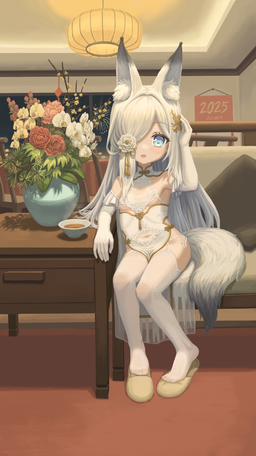 1134b-kata 1girl absurdres animal_ear_fluff animal_ears arm_up azur_lane blue_eyes breasts chair china_dress chinese_clothes dress elbow_gloves flower fox_ears fox_girl fox_tail gloves hair_over_one_eye highres indoors kasumi_(azur_lane) long_hair looking_at_viewer no_shoes sitting slippers small_breasts solo table tail thighhighs thighs unworn_slippers vase white_dress white_gloves white_hair white_thighhighs