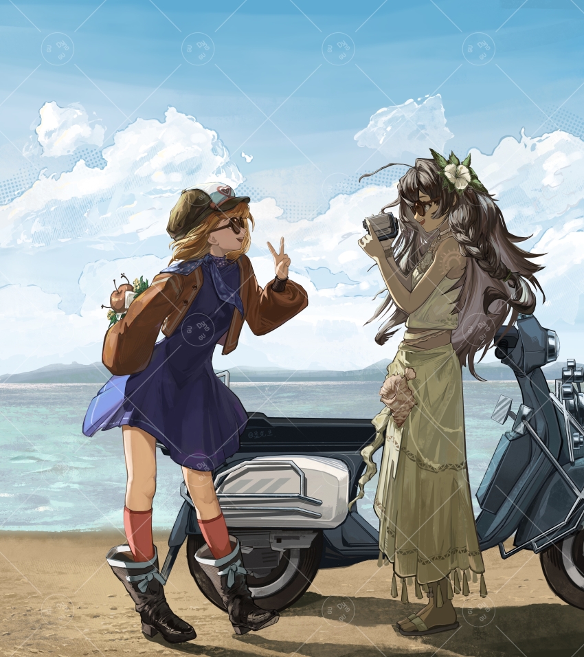 2girls :d absurdres ahoge beach black_boots blue_dress blue_neckerchief blue_sky boots brown_hair brown_sandals newsboy_cap camcorder camera cloud conch dark-skinned_female dark_skin day dress eye_contact face-to-face fatutu flower from_side full_body gu_xiansheng hair_flower hair_ornament halter_shirt halterneck hand_up hands_up hat hibiscus highres holding holding_camera jacket layered_skirt leaf_hair_ornament legs_apart long_hair looking_at_another midriff motor_vehicle mountainous_horizon multiple_girls neckerchief ocean open_mouth outdoors polka_dot_neckerchief red_jacket red_socks regulus_(reverse:1999) reverse:1999 sandals scooter shell_bracelet shirt short_dress short_hair shoulder_tattoo skirt sky sleeveless sleeveless_shirt smile socks standing sunglasses tattoo v video_camera watermark watermark_grid white_flower white_shirt white_skirt