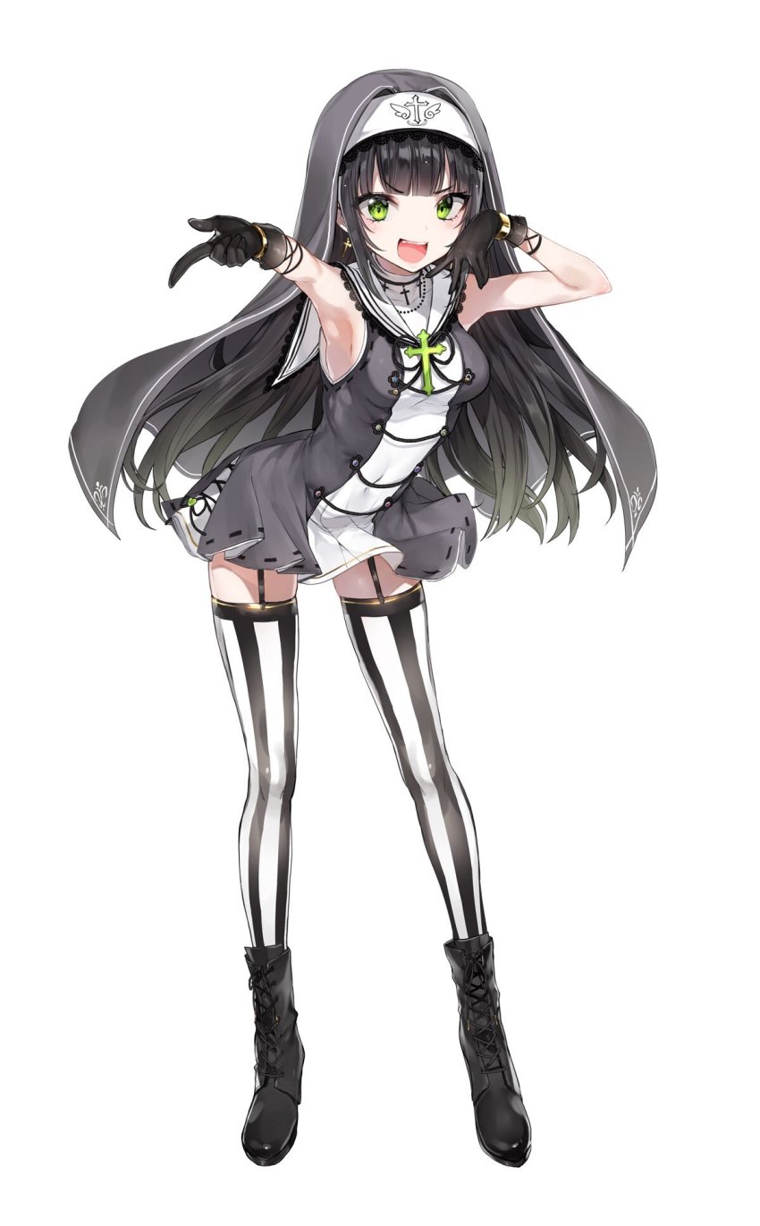 1girl armpits black_boots black_gloves black_hair boots bracelet breasts commentary cross cross_earrings dress earrings fangs female_focus full_body garter_straps gloves green_eyes habit hands_up highres hirado_motoe jewelry long_hair looking_at_viewer medium_breasts nekometaru official_art onsen_musume open_mouth short_dress simple_background sleeveless smile solo standing striped_clothes striped_thighhighs thighhighs turtleneck vertical-striped_clothes vertical-striped_thighhighs white_background zettai_ryouiki