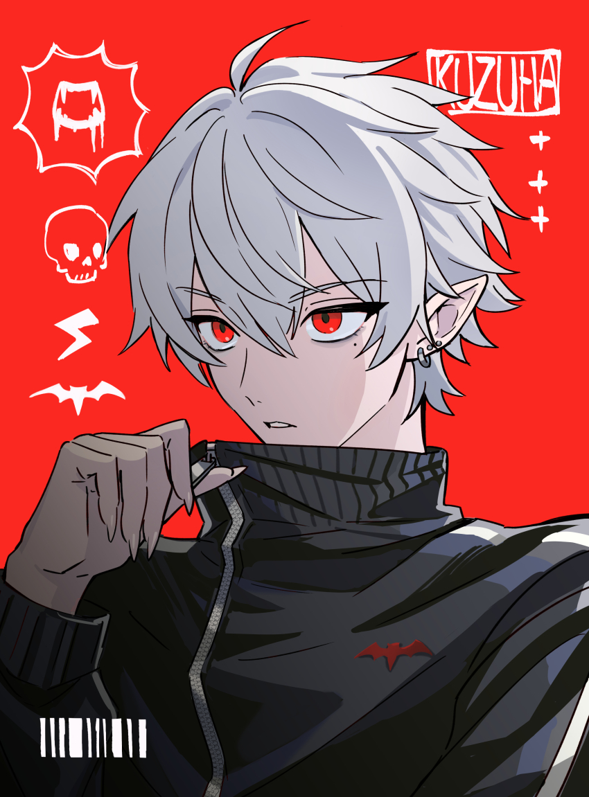 1boy absurdres attsei barcode bat_(animal) black_jacket character_name commentary_request fangs highres jacket kuzuha_(1st_costume)_(nijisanji) kuzuha_(nijisanji) lightning_bolt_symbol long_sleeves looking_to_the_side male_focus nijisanji pointy_ears red_background red_eyes simple_background skull solo track_jacket upper_body virtual_youtuber white_hair zipper