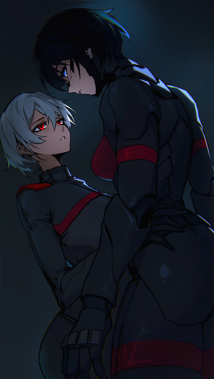 2girls absurdres android ariane_yeong black_hair blue_eyes blush breasts commentary elster_(signalis) english_commentary hair_between_eyes highres joints large_breasts lewdicy long_sleeves looking_at_another metal_skin moku96 multiple_girls red_eyes robot_girl robot_joints science_fiction short_hair signalis simple_background smile standing white_hair yuri