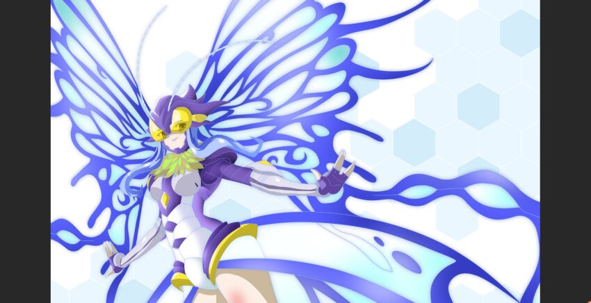 1girl antenna armor armored_gloves armored_leotard blue_eyes breasts bug butterfly butterfly_wings digimon digimon_(creature) digimon_story:_cyber_sleuth digimon_story:_cyber_sleuth_hacker&#039;s_memory female_focus gloves headgear helmet highres hudiemon insect insect_wings leotard medium_breasts ph6xeivbgpimggg shoulder_armor skirt solo solo_focus thick_thighs thighhighs thighs tinted_eyewear white_background wings yellow-tinted_eyewear