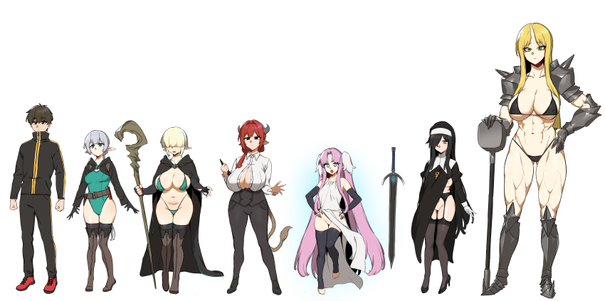 absurdres armor bikini bikini_armor black_hair blonde_hair brown_hair comparison cow_girl demon_girl elf fairy finn_(no_man&#039;s_land) green_eyes heemin highres mint_choco_ice_(no_man&#039;s_land) no_man&#039;s_land nun oni pink_hair pointy_ears red_hair seon-woong_lee sia_(no_man&#039;s_land) swimsuit vanilla_ice_(no_man&#039;s_land) white_background yellow_eyes