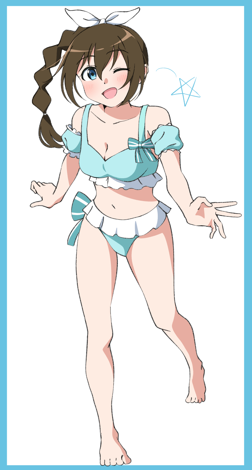 1girl ;d absurdres bare_shoulders barefoot bikini blue_bikini blue_border blue_eyes blue_sleeves blush border breasts brown_hair cleavage collarbone commentary detached_sleeves frilled_bikini frills full_body highres long_hair looking_at_viewer love_live! love_live!_nijigasaki_high_school_idol_club love_live!_nijigasaki_high_school_idol_club_the_movie_-_finale medium_breasts multi-tied_hair navel official_alternate_costume one_eye_closed open_mouth osaka_shizuku ponytail simple_background smile solo stomach swimsuit toes uchuu_no_mozuku white_background
