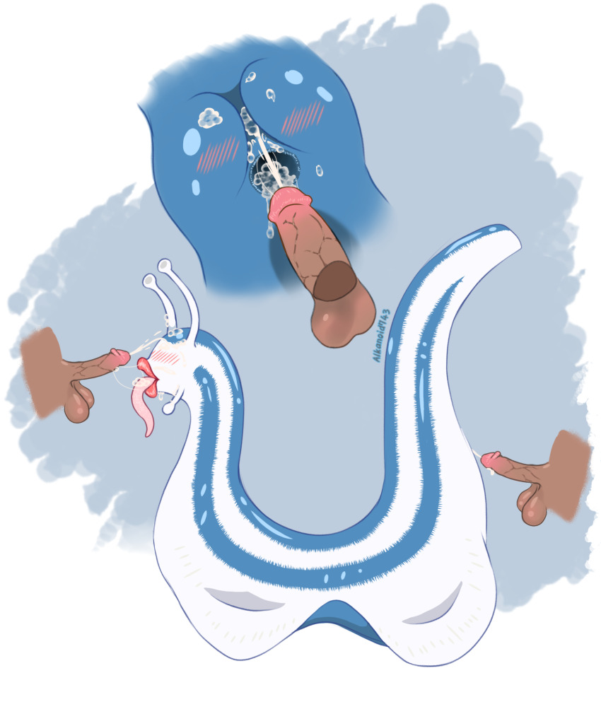 2boys alkanoid743 anal anus ass ass_focus blue_skin blush colored_skin cum cum_in_ass cum_in_mouth cum_on_body cum_string dark-skinned_male dark_skin double_penetration facial fellatio_gesture furry furry_female gaping gaping_anus highres katsuyu multiple_boys naruto naruto_(series) naruto_shippuuden penis pov pussy red_lips slime_(creature) tongue tongue_out white_skin