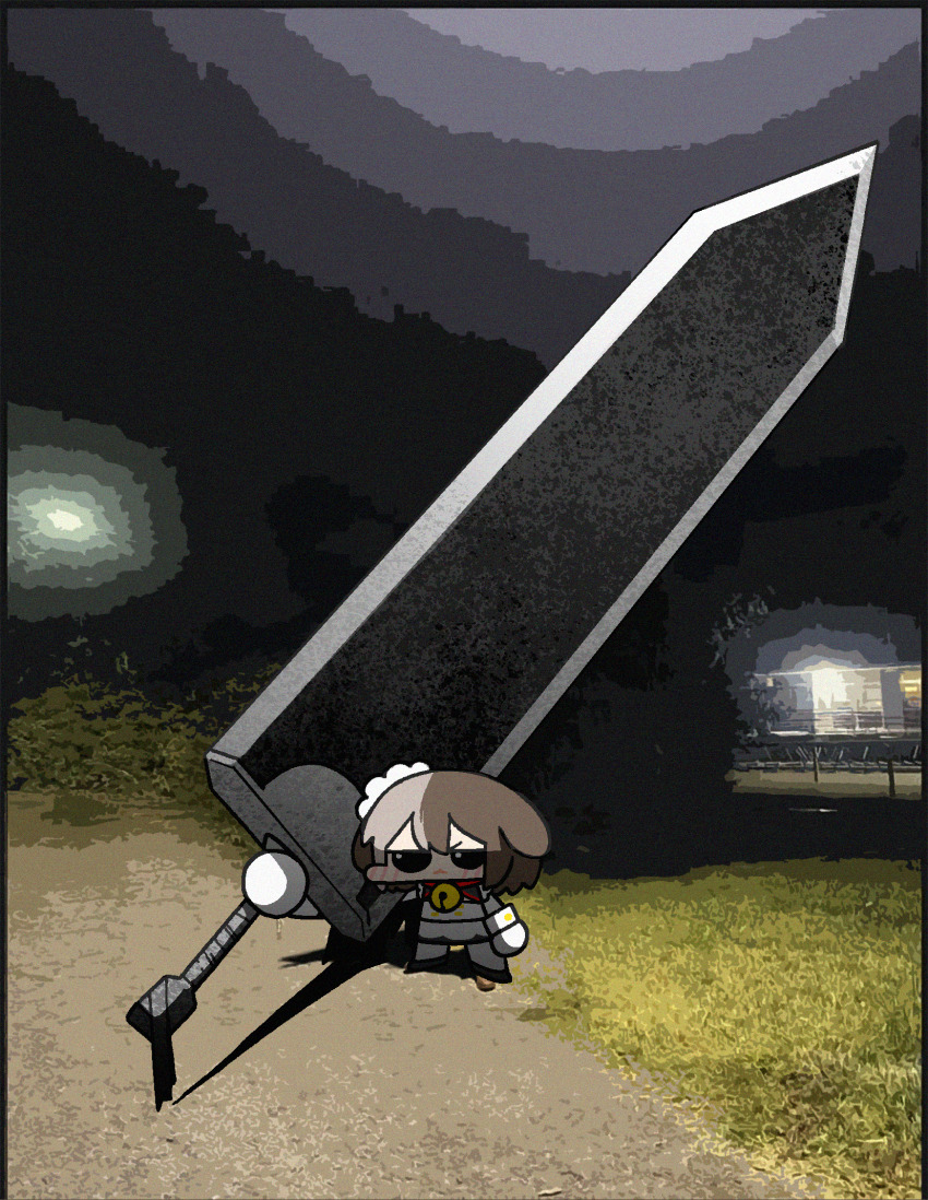 1girl animal_ears bell berserk black_eyes brown_hair chibi dc_(makezzal) dog_ears dog_girl dragonslayer_(sword) gloves guts_cosplayer_holding_giant_dragonslayer_(meme) hachiko_of_castling highres huge_weapon last_origin maid maid_headdress meme neck_bell photo-referenced weapon white_hair