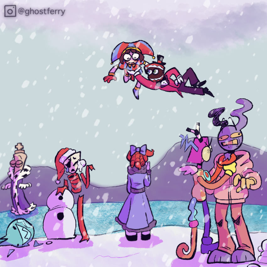 1other 3boys 3girls alternate_costume bow bubble bubble_(the_amazing_digital_circus) caine_(the_amazing_digital_circus) carrying carrying_person chess_piece choked flying frozen frozen_lake gangle_(the_amazing_digital_circus) hair_bow hat highres jester jester_cap jester_girl jester_outfit king_(chess) kinger_(the_amazing_digital_circus) multiple_boys multiple_girls pomni_(the_amazing_digital_circus) purple_fur rabbit_ears ragatha_(the_amazing_digital_circus) red_hair snow snowball snowing strangling the_amazing_digital_circus top_hat zooble_(the_amazing_digital_circus)