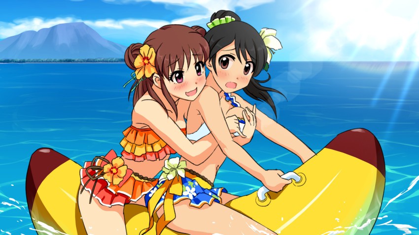 10s 2girls bad_id bad_pixiv_id banana_boat bare_shoulders bikini black_hair blush breasts brown_hair d: double_bun flower grabbing_another&#039;s_breast grabbing_from_behind groping hair_bun hair_flower hair_ornament highres idolmaster idolmaster_cinderella_girls multiple_girls munakata_atsumi ocean open_mouth purple_eyes sanshita sitting smile swimsuit wavy_mouth yaguchi_miu yuri