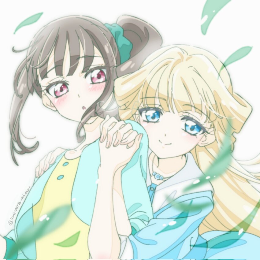 2girls aqua_jacket blonde_hair blue_dress blue_eyes blurry blush brown_hair corrupted_twitter_file dress floating_hair highres holding_hands jacket jewelry leaf long_hair looking_at_viewer medium_hair multiple_girls necklace nekoyashiki_mayu nekoyashiki_yuki parted_lips pink_eyes precure side_ponytail simple_background smile straight_hair sugimoto_miho three-quarter_sleeves upper_body white_background wind wonderful_precure! yellow_dress