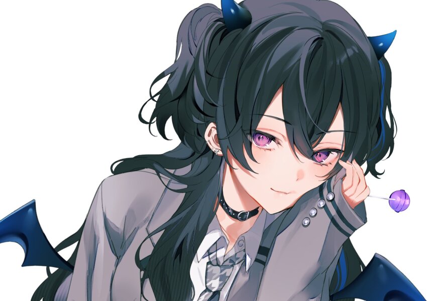 1girl achiki black_choker black_hair blazer blue_hair candy chair choker collarbone cropped demon_girl demon_horns demon_wings earrings food grey_jacket hand_on_own_face holding holding_candy holding_food holding_lollipop horns ichinose_uruha ichinose_uruha_(6th_costume) jacket jewelry lollipop long_hair looking_at_viewer lupinus_virtual_games multicolored_hair purple_eyes shoes simple_background sitting smile solo streaked_hair twintails upper_body virtual_youtuber vspo! white_background wings