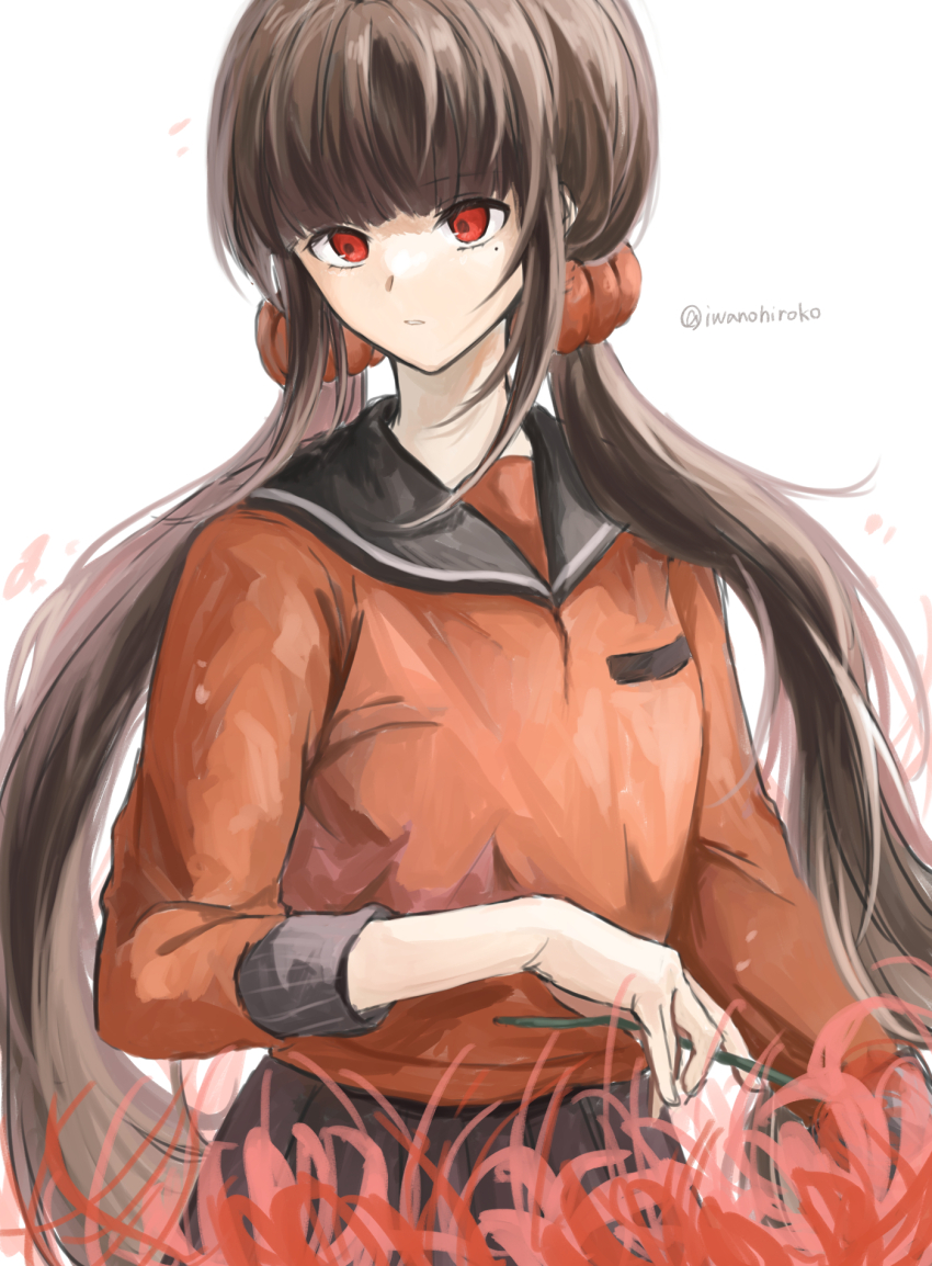 1girl black_sailor_collar black_skirt brown_hair danganronpa_(series) danganronpa_v3:_killing_harmony flower hair_ornament hair_scrunchie harukawa_maki highres holding holding_flower iwano_(iwanohiroko) long_hair long_sleeves low_twintails mole mole_under_eye no_neckwear pleated_skirt red_flower red_scrunchie red_shirt sailor_collar scrunchie shirt skirt solo spider_lily twintails