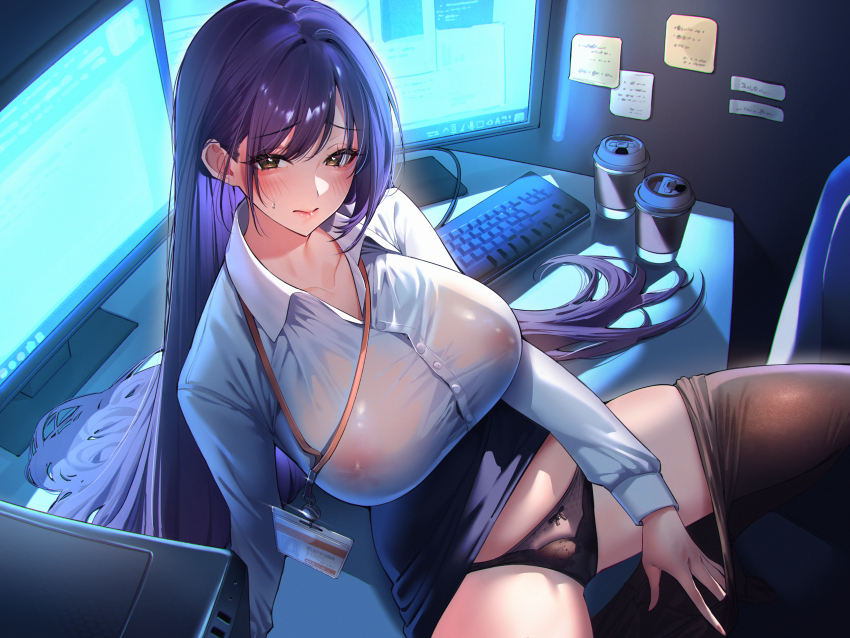 absurdres black_panties black_pantyhose black_skirt blush breasts closed_mouth clothes_lift clothes_pull collared_shirt computer_keyboard cup disposable_cup dress_shirt highres indoors lanyard large_breasts long_hair long_sleeves looking_at_viewer monitor nipples no_bra original panties pantyhose pantyhose_pull purple_eyes purple_hair see-through_clothes see-through_shirt shirt sidelocks sino42 sitting skirt skirt_lift spread_legs sticky_note taut_clothes taut_shirt underwear very_long_hair white_shirt
