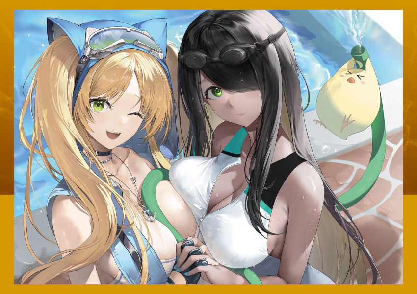 2girls animal azur_lane bird black_hair blonde_hair breast_press breasts choker closed_mouth dark-skinned_female dark_skin fingerless_gloves fingernails gloves goggles goggles_on_head green_eyes hair_over_one_eye haori_io highres hornet_(azur_lane) hose interlocked_fingers jewelry lips long_hair manjuu_(azur_lane) medium_breasts multiple_girls nail_polish necklace non-web_source northampton_(azur_lane) official_art open_mouth pool poolside shiny_skin smile teeth twintails upper_body upper_teeth_only water water_drop wet zipper zipper_pull_tab