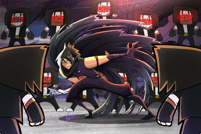 black_cloak black_hair brown_hair cloak clone closed_mouth curtained_hair dark_skin facial_scar gloves headband highres kusanagi_(kof) metal_gloves multicolored_hair multiple_boys multiple_persona muscular muscular_male nameless_(kof) red_eyes scar scar_across_eye scar_on_cheek scar_on_face school_uniform short_hair signature smile snk split-color_hair the_king_of_fighters the_king_of_fighters_2002 two-tone_hair valkyriori watermark white_hair