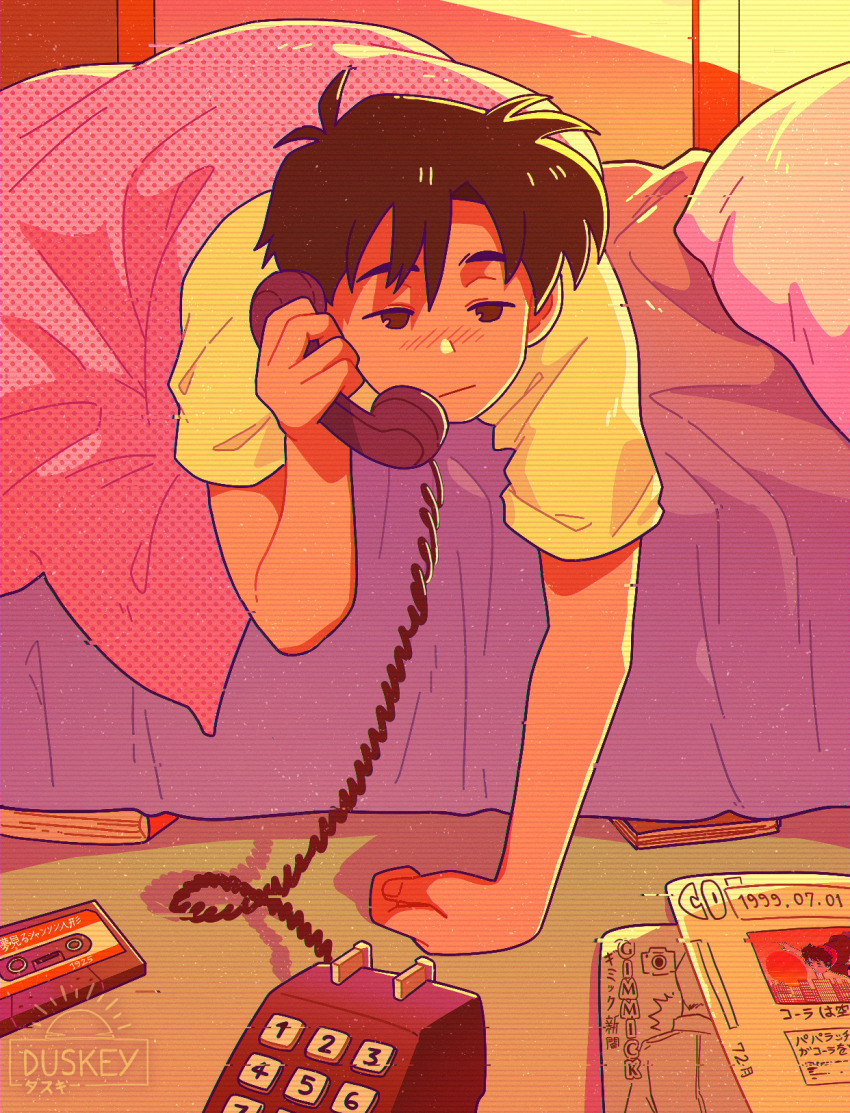 1boy bed brown_hair cassette_tape closed_mouth corded_phone derivative_work duskey_(sunsetfoam) highres indoors kubo_ken magazine_(object) male_focus morning otaku_no_video phone screenshot_redraw sleepy solo talking_on_phone under_covers