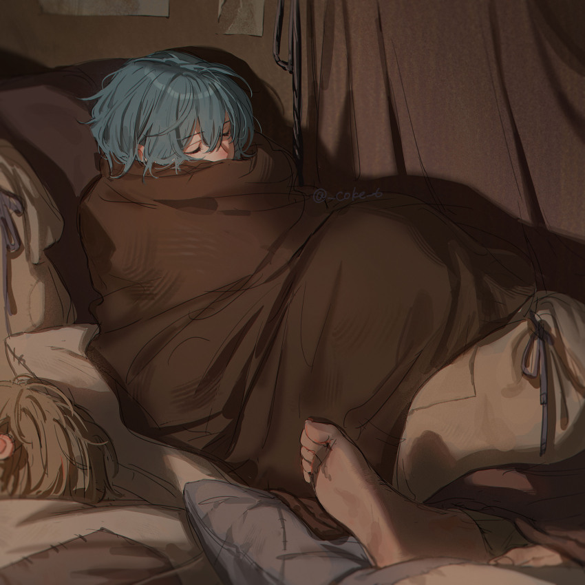 1boy absurdres aqua_hair bag blush closed_eyes coke_6 covered_mouth feet full_body hair_between_eyes highres mahoutsukai_no_yakusoku male_focus medium_hair nero_turner nose_blush rope sleeping solo_focus under_covers