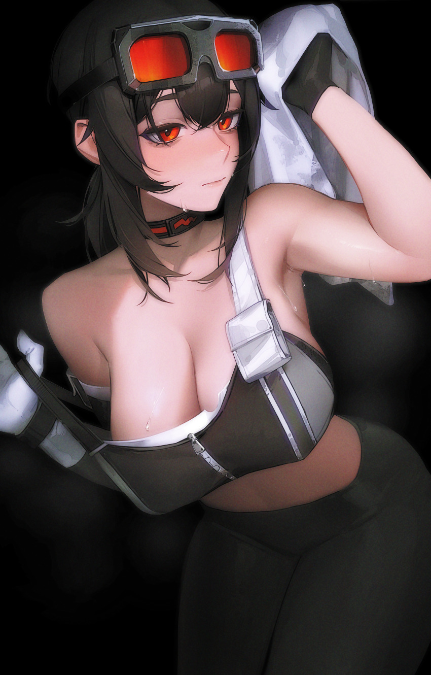 1girl absurdres armpits asymmetrical_gloves bare_shoulders black_background black_gloves black_hair black_pants breasts choker cleavage closed_mouth commentary crop_top gloves goggles goggles_on_head grace_howard hair_between_eyes highres holding_strap large_breasts limart medium_hair mismatched_gloves pants red_eyes simple_background solo steaming_body sweat towel white_gloves zenless_zone_zero