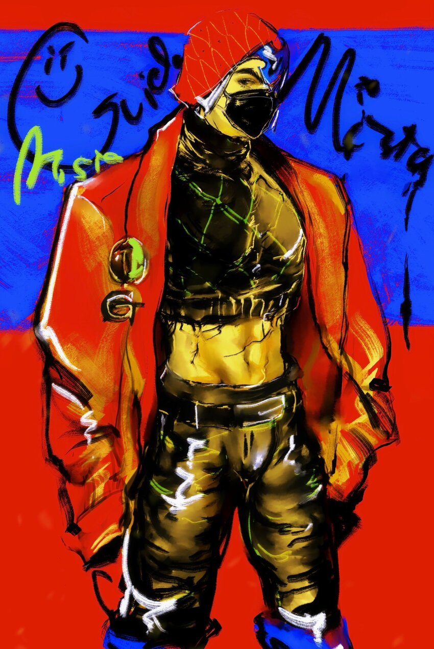 1boy a_io_u argyle_clothes argyle_sweater black_mask black_pants black_sweater character_name cowboy_shot crop_top cropped_sweater guido_mista hat highres jacket jojo_no_kimyou_na_bouken male_focus mask midriff mouth_mask navel pants red_hat red_jacket sketch solo sweater vento_aureo