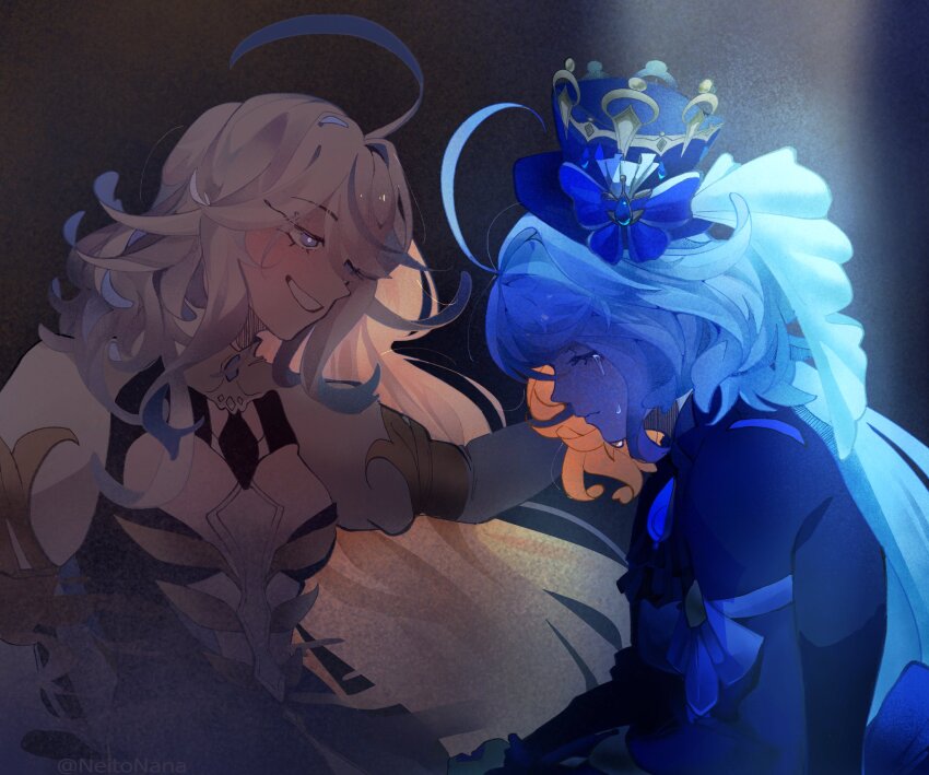 2girls ahoge artist_name ascot black_ascot black_background blue_bow blue_dress blue_eyes blue_gemstone blue_hair blue_hat blue_jacket bow breasts closed_eyes closed_mouth clothing_cutout crying crying_with_eyes_open dress dual_persona furina_(genshin_impact) gem genshin_impact gold_trim grey_hair hair_between_eyes hat hat_bow hat_ornament highres huge_ahoge jacket juliet_sleeves long_hair long_sleeves looking_at_another low_ponytail medium_breasts multicolored_hair multiple_girls neitonana ponytail puffy_sleeves sad sidelocks simple_background smile tears teeth top_hat two-tone_dress two-tone_hair upper_body wavy_hair white_dress