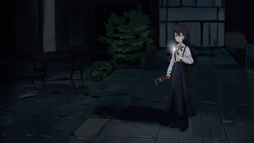 1girl ahoge bag black_bow black_bowtie black_hair black_shoes bow bowtie buttons dilapidated flashlight flat_chest fridge_(fridgedraws) grimmi_(vtuber) highres holding holding_wrench horror_(theme) indie_virtual_youtuber long_hair long_skirt long_sleeves looking_to_the_side messy_hair night outdoors pale_skin petite shirt shoes shoulder_bag sidelocks skirt suspender_skirt suspenders very_long_hair virtual_youtuber white_shirt wrench yellow_eyes