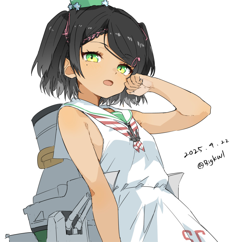 1girl absurdres bigkwl black_hair blush cannon dated dress green_eyes hair_ornament hairclip highres kantai_collection machinery mast mole mole_under_eye neckerchief one-hour_drawing_challenge rigging sailor_collar sailor_dress scirocco_(kancolle) ship_turret short_hair simple_background sleeveless sleeveless_dress smokestack twitter_username two_side_up upper_body white_background white_dress white_sailor_collar