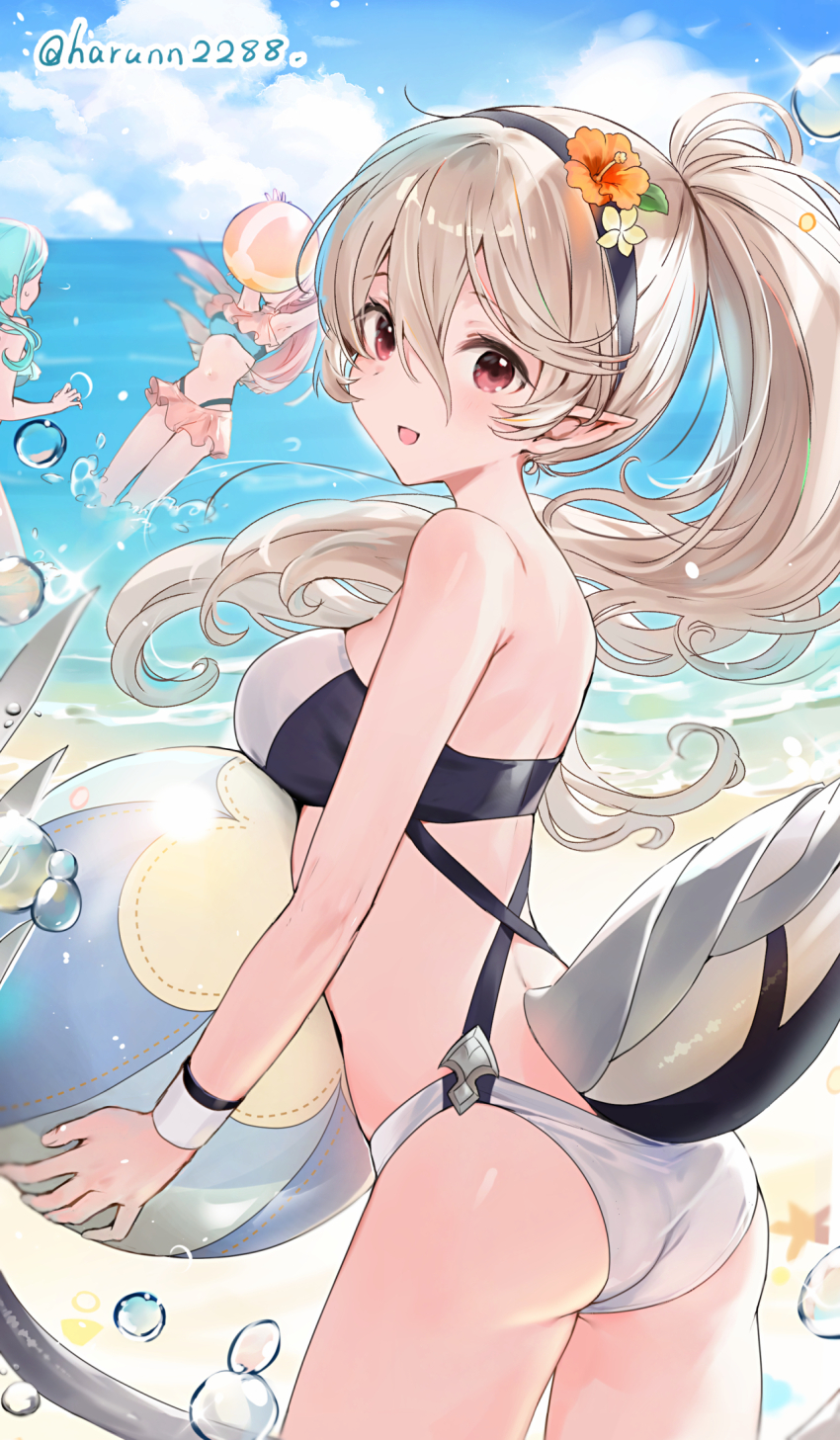 3girls alternate_costume alternate_hairstyle aqua_bikini armpits arms_up ass ball bare_shoulders beach beachball bikini black_hairband blue_bikini blue_hair blush breasts bubble cloud cloudy_sky dragon_girl dragon_tail felicia_(fire_emblem) female_corrin_(fire_emblem) fire_emblem fire_emblem_fates flora_(fire_emblem) flower grey_bikini grey_hair hair_between_eyes hair_flower hair_ornament hairband haru_(nakajou-28) highres holding holding_ball holding_beachball long_hair looking_at_viewer medium_breasts midriff multiple_girls navel nintendo open_mouth outdoors pink_bikini pink_hair pointy_ears ponytail red_eyes sideboob sky smile stomach sweatdrop swimsuit tail twintails water white_hair wrist_cuffs