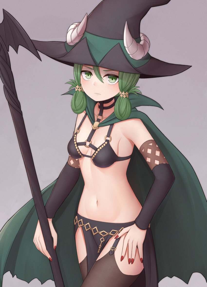 1girl absurdres atorie black_hat black_thighhighs blush breasts cape cleavage closed_mouth commentary_request fake_horns garter_straps green_cape green_eyes green_hair grey_background hat highres holding holding_scepter horned_headwear horns looking_at_viewer medium_hair nail_polish navel o-ring pelvic_curtain red_nails scepter simple_background small_breasts solo standing thighhighs unicorn_overlord witch_hat yahna_(unicorn_overlord)