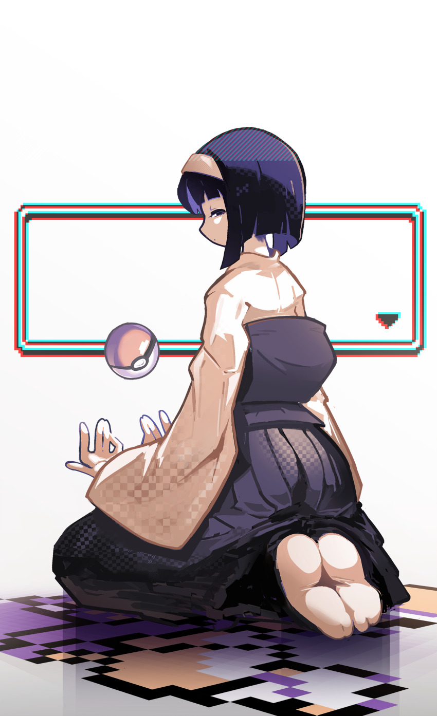 1girl absurdres black_hair bob_cut closed_eyes closed_mouth dot_mouth erika_(pokemon) floating from_behind hairband hakama highres japanese_clothes kimono levitation looking_at_viewer narrowed_eyes nintendo obi pixel_art_inset poke_ball poke_ball_(basic) pokemon pokemon_rgby profile sash screenshot_inset shakeeeeeeeee short_hair sitting solo tabi white_background white_hairband white_kimono