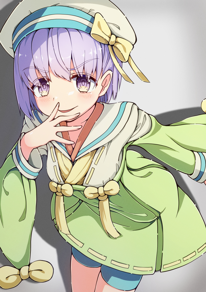 1girl absurdres aqua_shorts beret blush breasts fate/grand_order fate_(series) green_kimono hair_ribbon hat highres japanese_clothes kazuradrop_(fate) kazuradrop_(first_ascension)_(fate) kimono kimono_dress long_sleeves looking_at_viewer peisuto purple_eyes purple_hair ribbon short_hair shorts small_breasts smile solo tassel thighs white_hat wide_sleeves yellow_ribbon