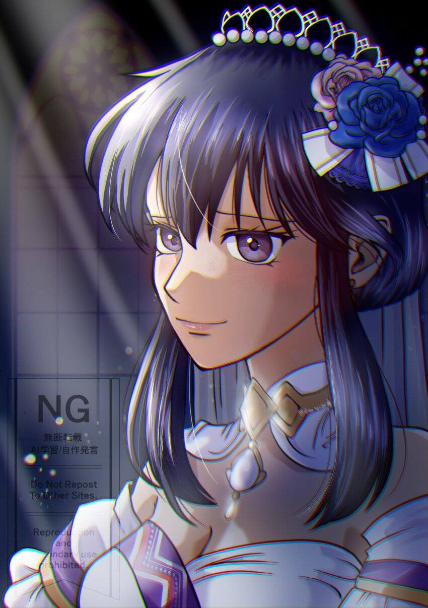1girl black_hair breasts bridal_veil bride choker cleavage dress fire_emblem fire_emblem:_genealogy_of_the_holy_war fire_emblem_heroes flower hair_flower hair_ornament highres larcei_(bride_of_astra)_(fire_emblem) larcei_(fire_emblem) large_breasts looking_at_viewer nintendo okame_inco_feh short_hair smile upper_body veil wedding_dress white_dress