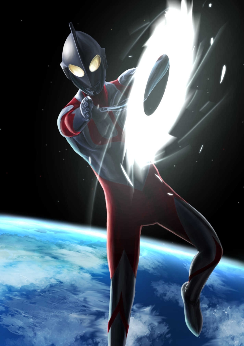 1boy alien atmospheric_layer attack_trail colored_skin commentary compound_eyes dorsal_fin earth_(planet) energy energy_disk foot_out_of_frame gattyo glowing glowing_eyes highres light_particles looking_at_viewer male_focus midair multicolored_skin outstretched_arm pectorals planet red_skin shin_ultraman silver_skin solo space star_(sky) tokusatsu ultra_series ultra_slash ultraman ultraman_(shin) yellow_eyes
