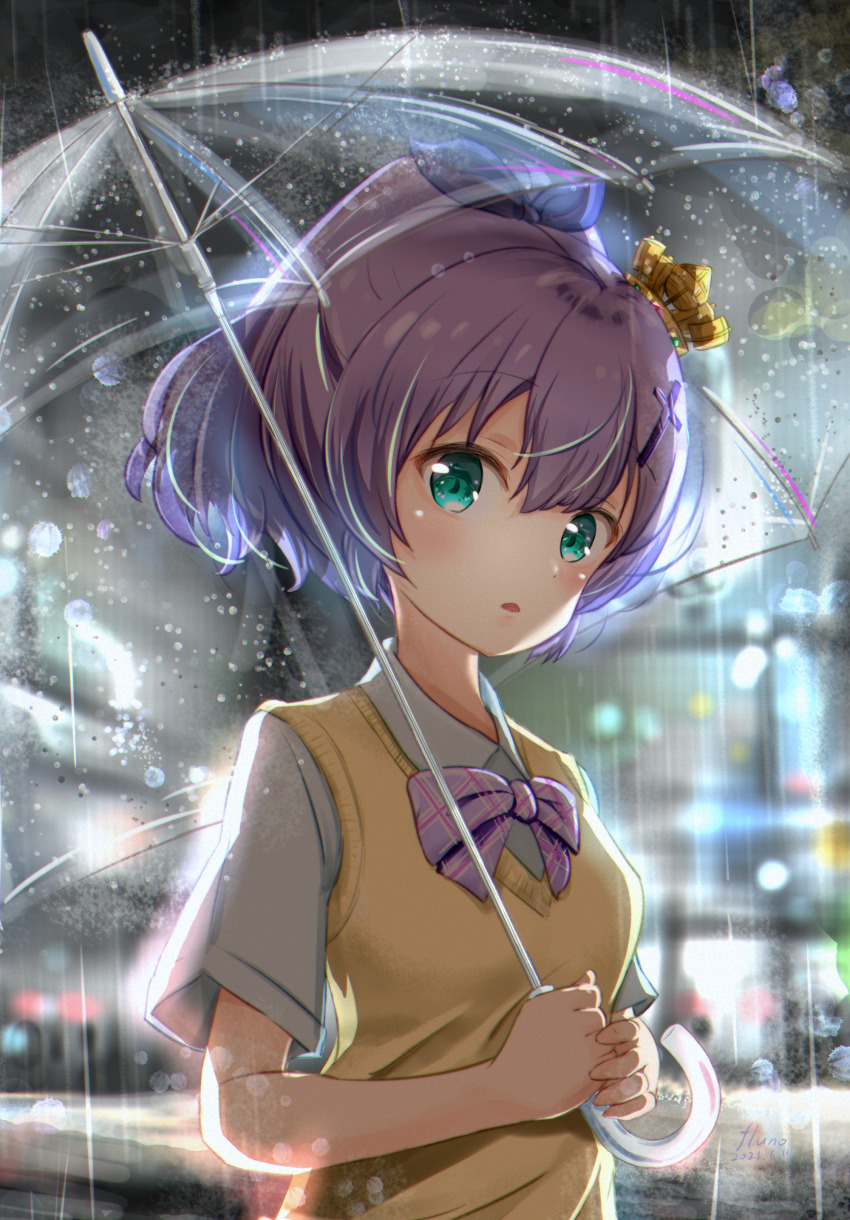 1girl absurdres azur_lane blush bow breasts cityscape crown fluno hair_ornament highres javelin_(azur_lane) javelin_(slow_ahead!)_(azur_lane) looking_at_viewer mini_crown parasol plaid_clothes plaid_skirt purple_hair rain school_uniform shirt short_sleeves skirt solo sweater_vest umbrella